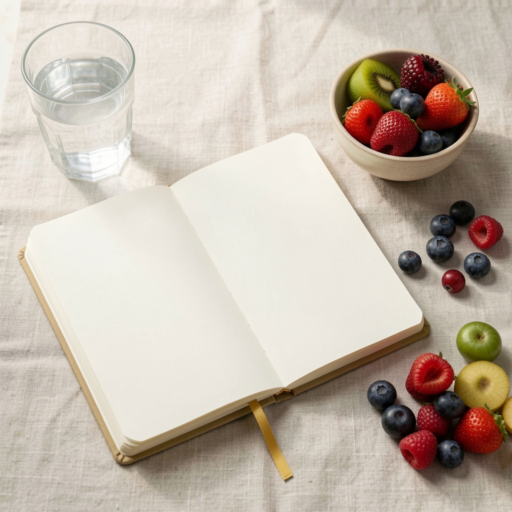 Open food journal notebook on a pale linen surface beside a glass of water and a small bowl of seasonal fruit